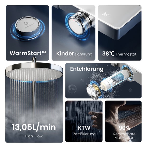 EMKE Duschsystem 3 in 1 Regendusche Set mit Kopfbrause, Handbrause und Wasserhahn, Modernes Duscharmatur Set für Badezimmer, Chrom