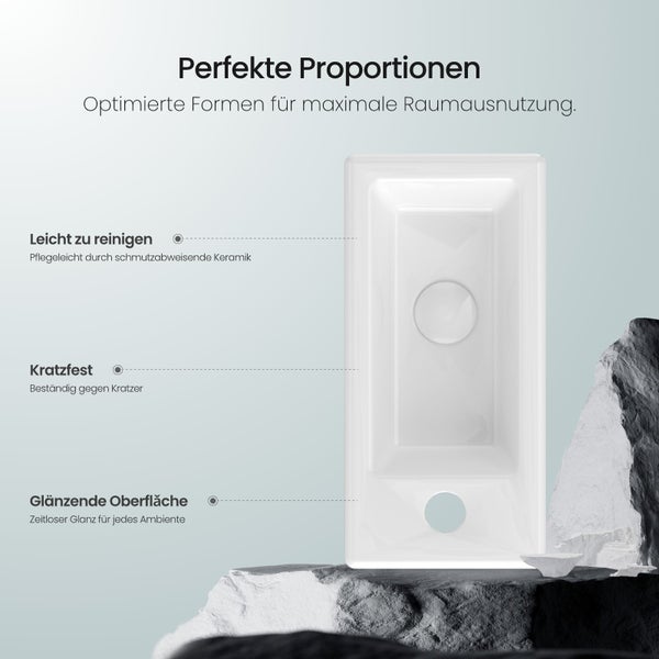 EMKE Waschbecken Keramik 370 × 178 mm, Rechteck, glänzend Weiß, Höhe 95 mm, mit Bohrung links für Wasserhahn, Wandmontage, für Badezimmer und Gäste-WC, Handwaschbecken, Wandwaschbecken