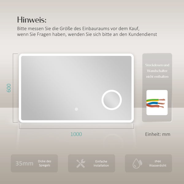 EMKE Badspiegel mit Beleuchtung 100 x 60 cm, Kaltweiß, Touch-Schalter, dimmbare Helligkeit, 3x Vergrößerung, rostfreier Spiegel, IP44, für Bad