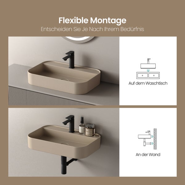 EMKE Waschtisch Keramik Matt-Beige, 50 x 40 cm, Wand- und Aufsatzwaschbecken, Waschbecken mit Hahnloch, R-Kantenschutz, für Badezimmer