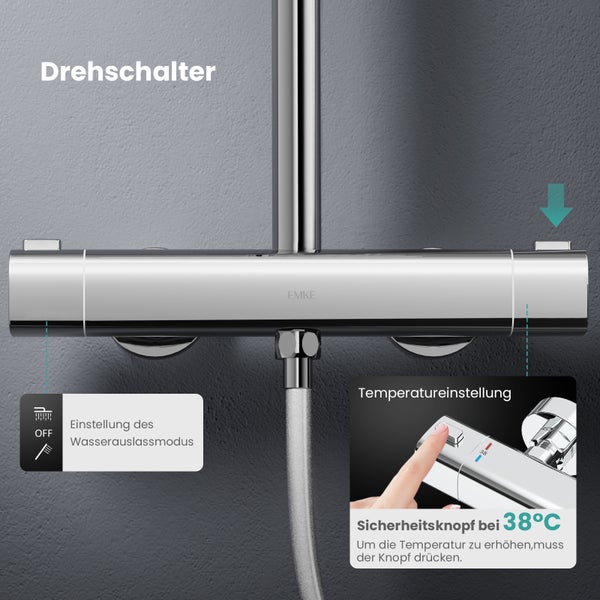EMKE Duschsystem mit Thermostat, 2 Auslassarten, Regendusche und Handbrause mit 3 Strahlarten, Chrom, 30 cm Armatur, 1,5 m Schlauch, KTW, Höhe: 120 cm