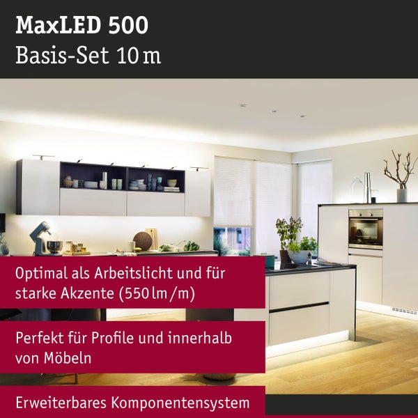 MaxLED 500 Basisset 10 m in einer hellen Küche mit modernen Möbeln für Arbeitslicht und Akzente