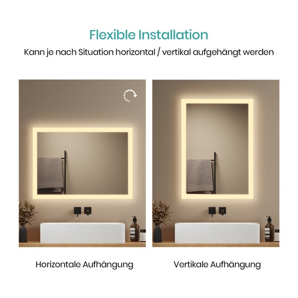 EMKE Badspiegel mit Beleuchtung 50x70 cm, Warmweiß, 20,5 W, 4 mm rostfreier Spiegel, Aluminiumrahmen Weiß, flexibel montierbar, IP44, für Bad