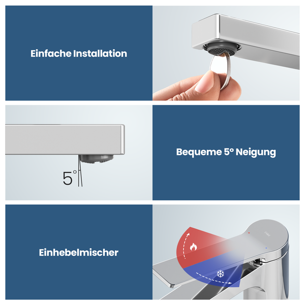 EMKE Einhebel-Waschtischarmatur, Badarmaturen, Schweizer Design, G3/8， Wassersparend, Bleifreies Messing, Korrosionsschutz, Pflegeleicht, Chrom
