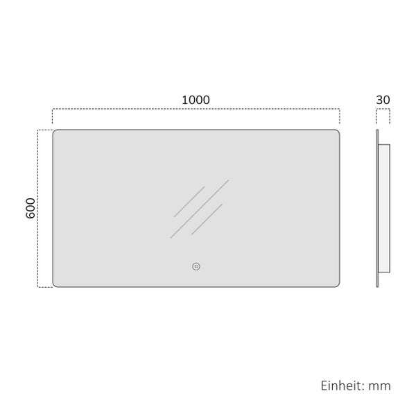 Technische Zeichnung eines Spiegels mit den Maßen 1000 x 600 x 30 Millimeter