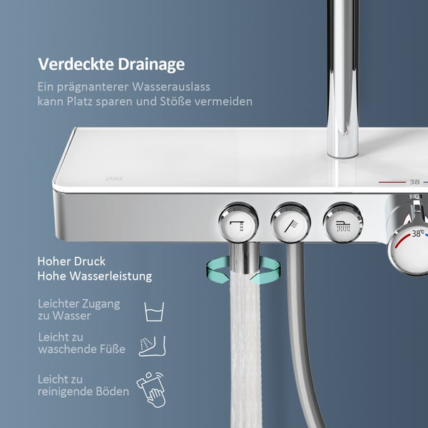 EMKE Duschsystem mit Thermostat 38 °C, 3 Strahlart(en), Überkopfbrause, Handbrause mit 3 Funktionen, unterer Wasserauslass, Verbrühungsschutz, Wandmontage, 114,6 × 45 × 48 cm, Chrom