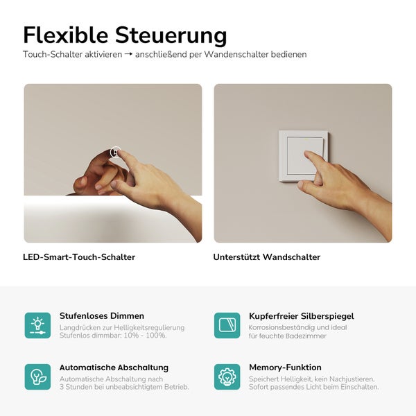 Infografik zeigt Funktionen von Badspiegel mit LED Beleuchtung: Touch Sensor Steuerung, Wandschalter Kompatibilität, Dimmen, Memory und Abschaltung.