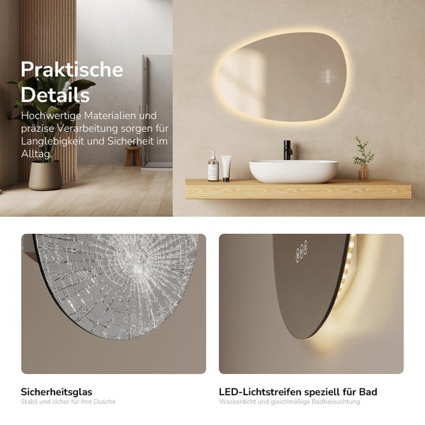 Moderner Badezimmerspiegel mit LED-Beleuchtung in organischer Form, Sicherheitsglas und wasserdichten LED-Lichtstreifen für das Bad.