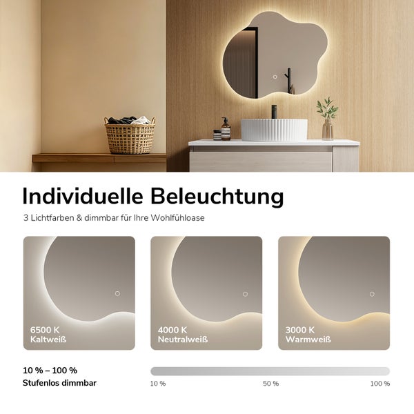 Amorpher LED-Badezimmerspiegel mit Hintergrundbeleuchtung, drei Lichtfarben von 3000 bis 6500 Kelvin und stufenloser Dimmfunktion.