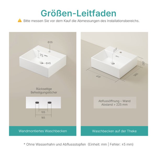 Größeninformationen für ein Waschbecken zur Wandmontage oder für die Montage auf einer Arbeitsplatte