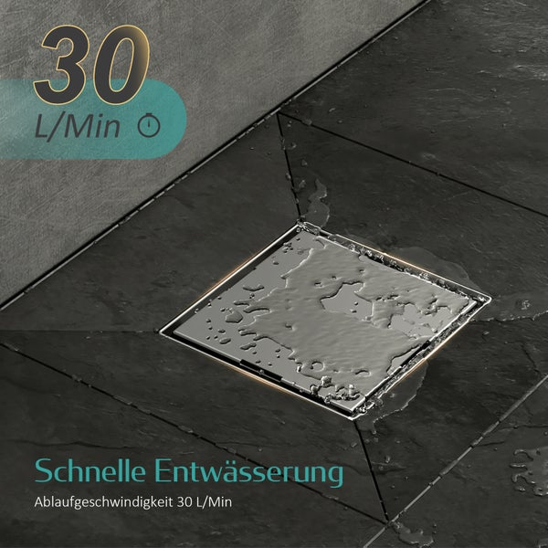 Quadratischer Bodenablauf für Duschen mit einer Ablaufgeschwindigkeit von 30 Litern pro Minute für eine schnelle Entwässerung.