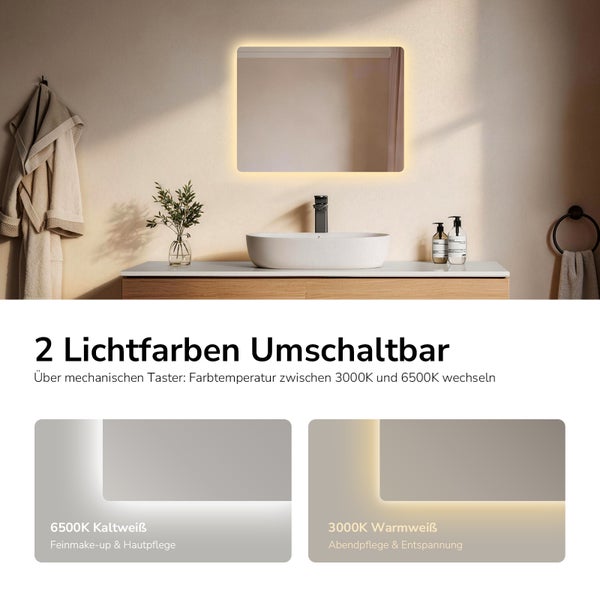 Badezimmer mit beleuchtetem Spiegel, Waschbecken und verschiedenen Accessoires.