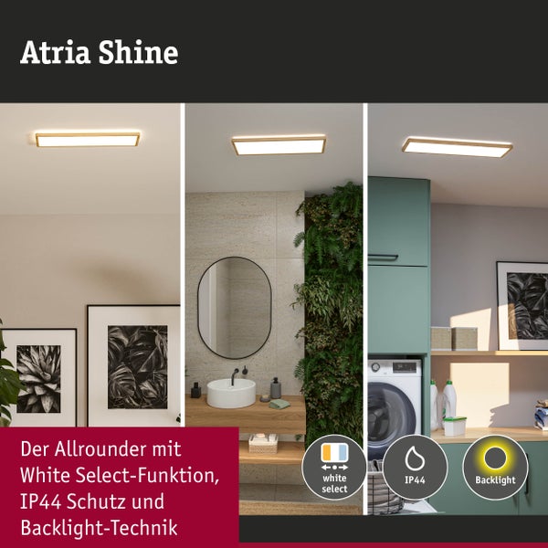 Atria Shine LED Deckenleuchte in verschiedenen Wohnbereichen mit White Select Funktion, IP44 Schutz und Backlight Technik.