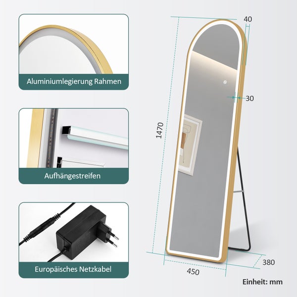 EMKE Bogen Standspiegel Gold, 147 x 45 cm, Ganzkörperspiegel mit LED-Beleuchtung, 3 einstellbare Lichtfarben und dimmbar, Aluminiumrahmen, ideal für Wohn-, Schlaf-, Aufenthalts- und Ankleidezimmer