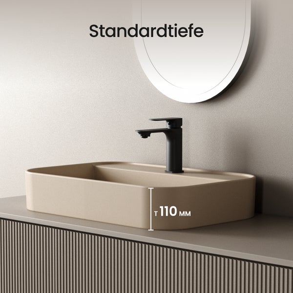 EMKE Waschtisch Keramik Matt-Beige, 50 x 40 cm, Wand- und Aufsatzwaschbecken, Waschbecken mit Hahnloch, R-Kantenschutz, für Badezimmer