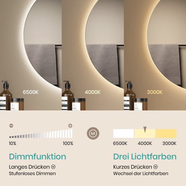 EMKE Badspiegel mit Beleuchtung ф70cm, rund, Touchschalter, Anti-Beschlag, 3 dimmbare Lichtfarben, 4mm rostfreier Spiegel, mit separatem Funktionsschalter, Für Ihr Badezimmer