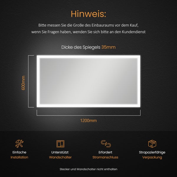 EMKE LED Badspiegel 120×60 cm, Warmweiß/Kaltweiß, seitlicher Kippschalter, beschlagfrei, mattierter Rand, IP44, für Badezimmer