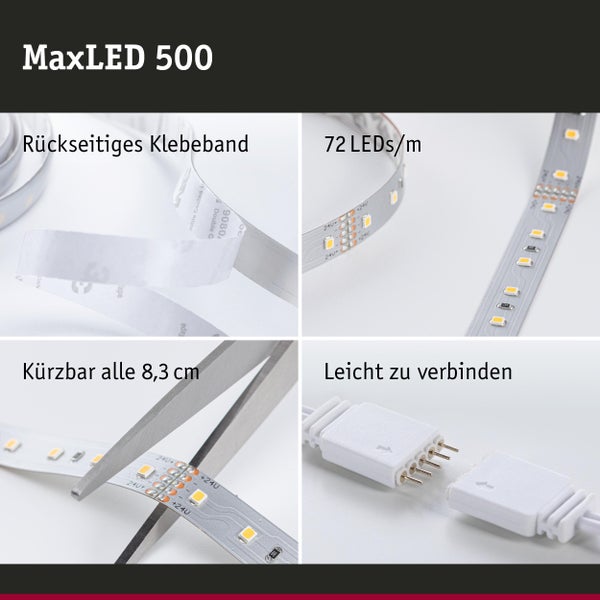 MaxLED 500 mit rückseitigem Klebeband, 72 LEDs pro Meter, kürzbar alle 8,3 cm, leicht zu verbinden