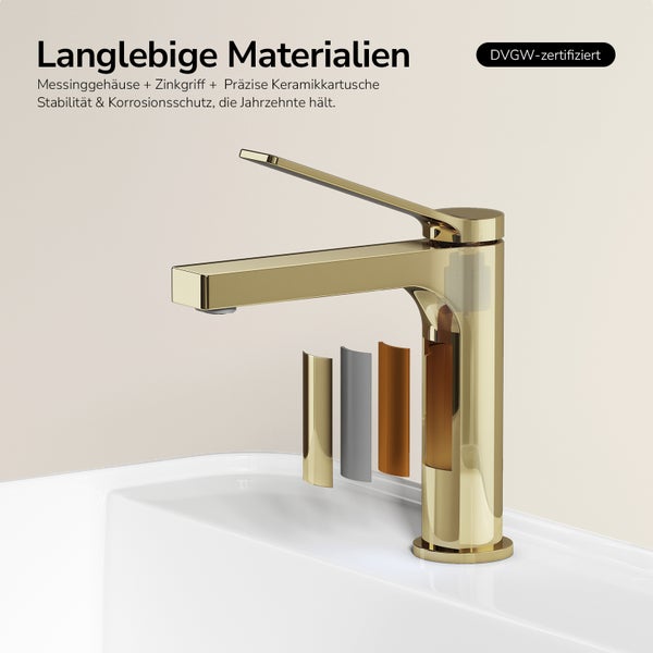 Goldene Waschtischarmatur mit DVGW Zertifizierung