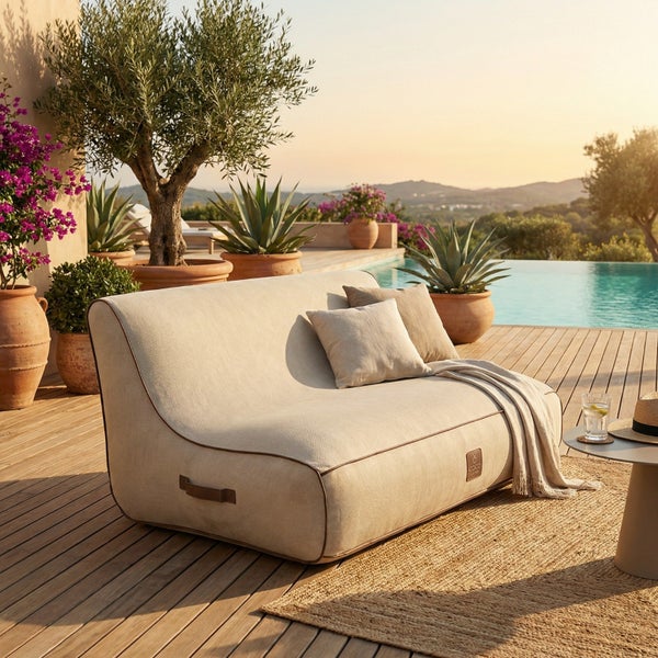 Modernes Outdoor-Loungesofa aus beigem Textilgewebe auf einer Holzterrasse am Pool, inklusive Kissen und Decke, heller und sonniger Außenbereich.