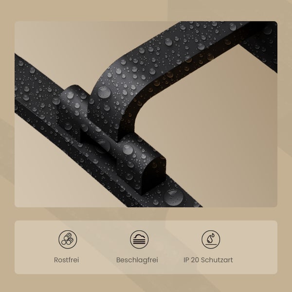 Detailaufnahme eines schwarzen Objekts mit Wassertropfen, das die Eigenschaften Rostfrei, Beschlagfrei und IP 20 Schutzart hervorhebt.