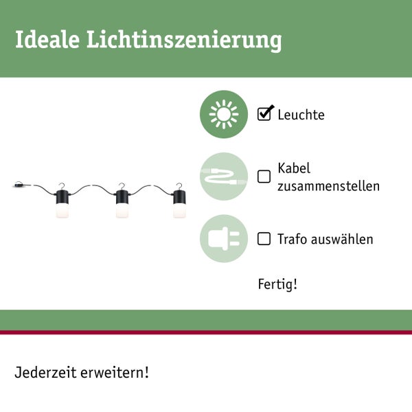 Lichterkette Konfiguration mit Leuchte, Kabel und Trafo.
