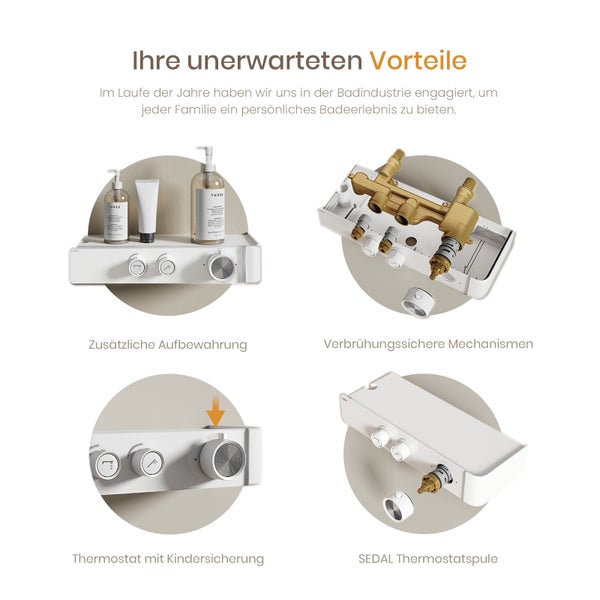 Produktmerkmale der EMKE Duscharmatur mit Ablage und Thermostat