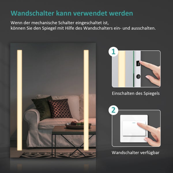EMKE LED Badspiegel 60x45 cm, Badezimmerspiegel mit Touch-Schalter, Antibeschlag, Sicherheitsfolie, Warmweiß/Kaltweiß, IP44 Wandspiegel für Bad
