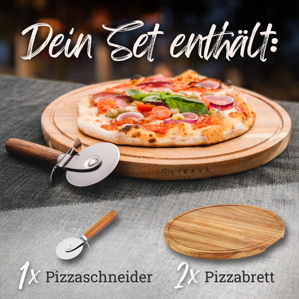 LIKAYA® Pizzabrett/Pizzateller 2er-Set rund ⌀35cm – FSC-Akazienholz mit Pizzaschneider | Perfekt für Pizza, Kuchen, Brotzeit & Käseplatte