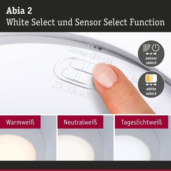 Abia 2 White Select und Sensor Select Funktion mit Schaltern zur Einstellung der Lichtfarbe und Sensoreinstellung