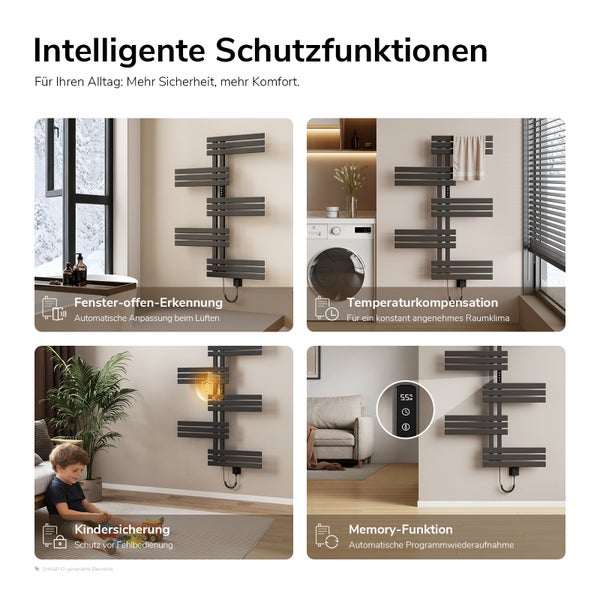 Grafik mit vier Anwendungsbeispielen fuer intelligente Funktionen eines Designheizkoerpers wie Fenster-offen-Erkennung und Kindersicherung.