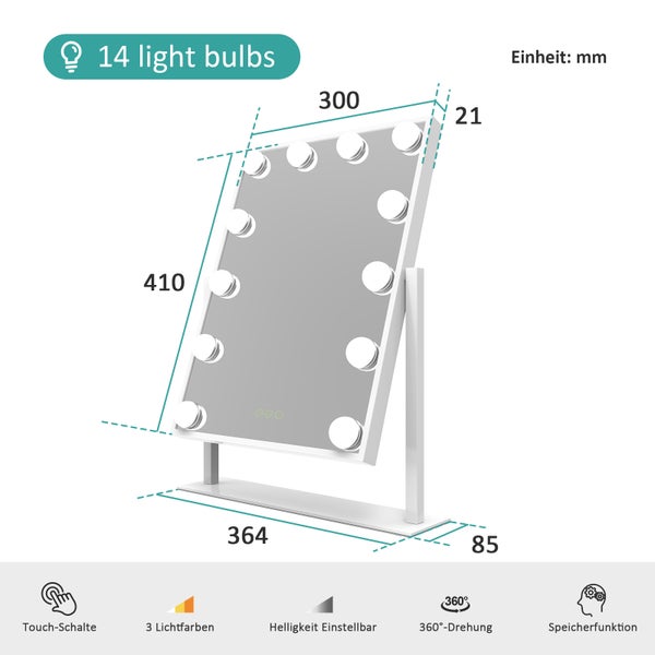 EMKE Hollywood Kosmetikspiegel mit Beleuchtung 365x475 mm, LED Schminkspiegel mit Metallrahmen, 7x Vergrößerung, 12 dimmbare Lichtquellen, 3 Lichtfarben, Memory-Funktion, 360° drehbar, Weiß – für Schminktisch & Schlafzimmer