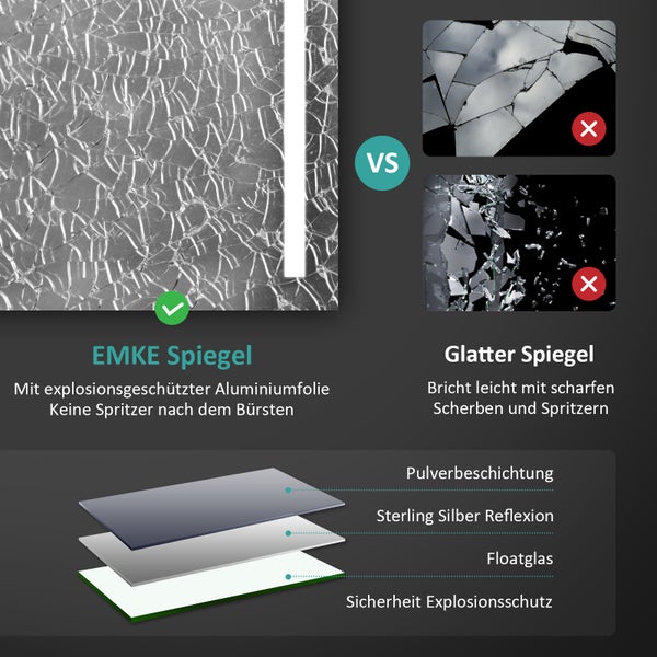EMKE Badspiegel mit Beleuchtung 70x50 cm, Kaltweiß, Wandanschluss, IP44, integrierter LED Spiegel, HD-Spiegelfläche, horizontal & vertikal montierbar, für Bad