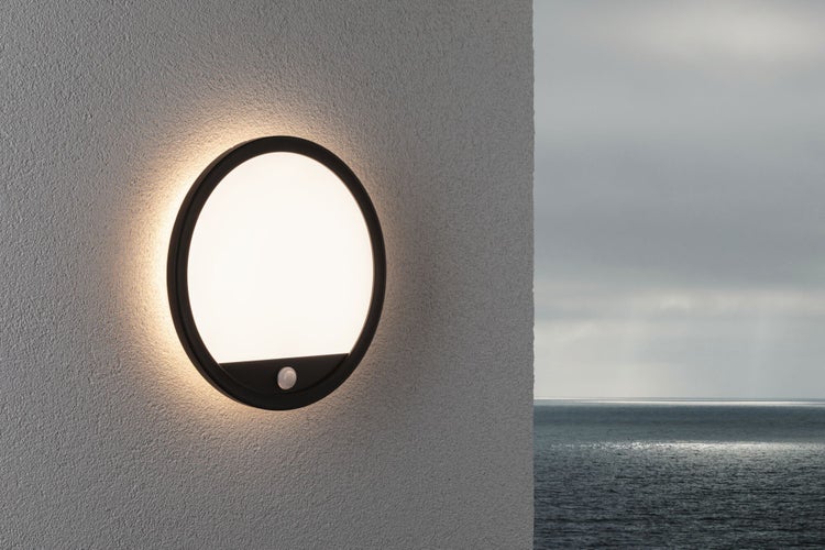 LED Außenpanel Lamina Backlight Dämmerungsgesteuerter Bewegungsmelder (IR) seewasserresistent IP44 rund 280mm 3000K 14,5W 1200lm 230V Schwarz Kunststoff