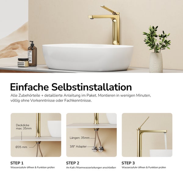 Goldfarbene Waschtischarmatur auf einem Waschbecken mit Installationsanleitung