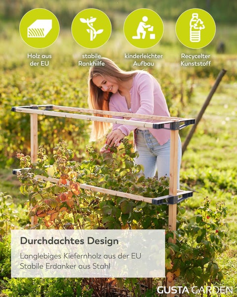 Frau erntet Himbeeren an Gusta Garden Rankhilfe aus Kiefernholz. Symbole für Holzherkunft, Stabilität, Aufbau und Recycling. Gusta Garden Logo.