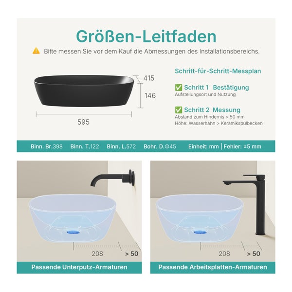 Größenleitfaden für Waschbecken mit Maßangaben und Installationshinweisen