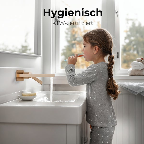 EMKE Unterputz Waschtischarmatur, 2-Loch Wandmontage mit Luftsprudler, Einhebelmischer für Waschbecken und Badewanne, L 215 x H 210 x Ø 17 mm, Rosengold