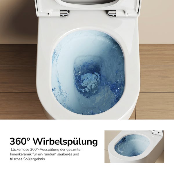 Draufsicht auf ein weißes Toilettenbecken mit einer 360 Grad Wirbelspülung zur Reinigung der gesamten Innenkeramik.