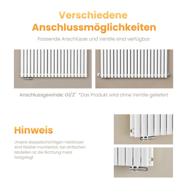 EMKE Design-Röhrenheizkörper für Warmwasserbetrieb,  Seitenanschluss, Horizontal,  Doppellagig,  1828Watt, 120 cm x 60 cm, Weiß