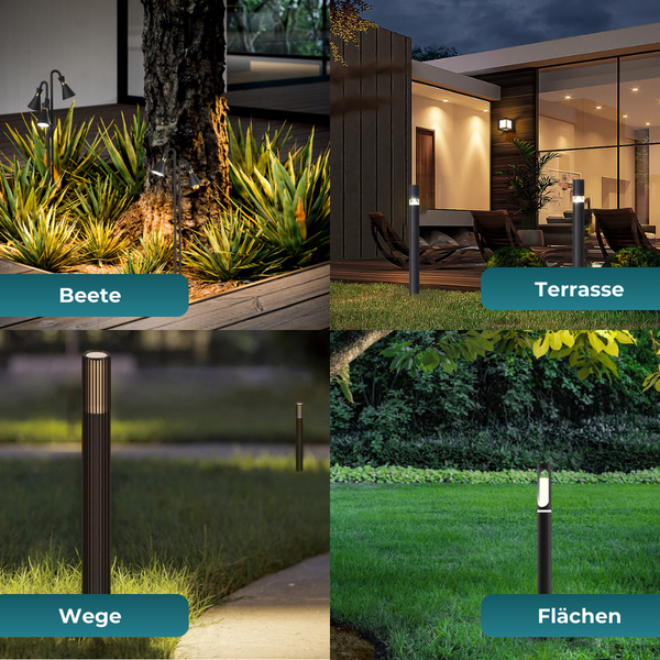 Verschiedene Gartenleuchten in Beet, Terrasse, Wegen und Flächen