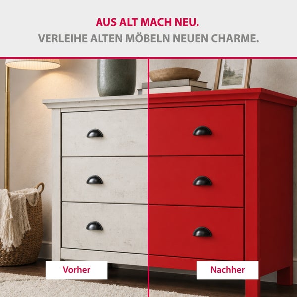 Vorher-Nachher-Vergleich einer Kommode: Links die helle Originalfassung, rechts die mit rotem Möbellack renovierte Kommode.