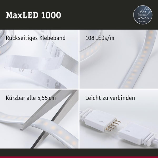 MaxLED 1000 LED-Streifen Eigenschaften: rückseitiges Klebeband, 108 LEDs pro Meter, kürzbar alle 5,55 cm, leicht zu verbinden, Schutzabdeckung