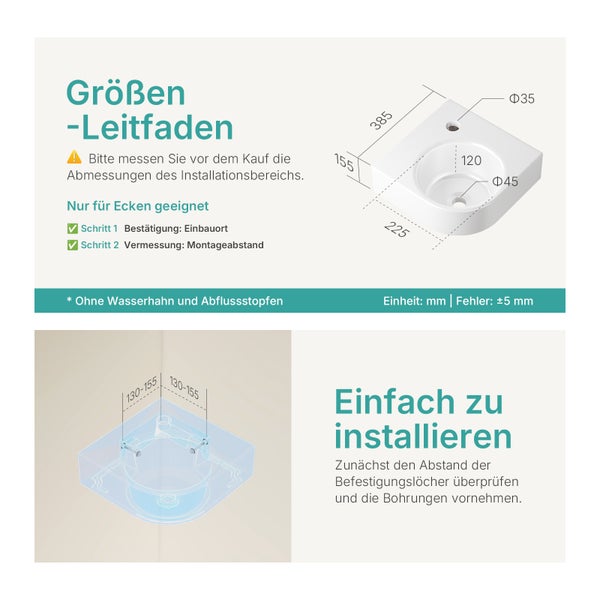 Größenleitfaden für ein Eckwaschbecken mit Maßangaben und Installationshinweisen.