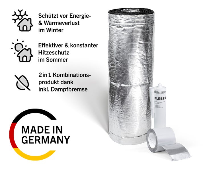 Rolle Dämmfolie mit Klebstoff und Klebeband, 2-in-1 Kombinationsprodukt inklusive Dampfbremse, Made in Germany