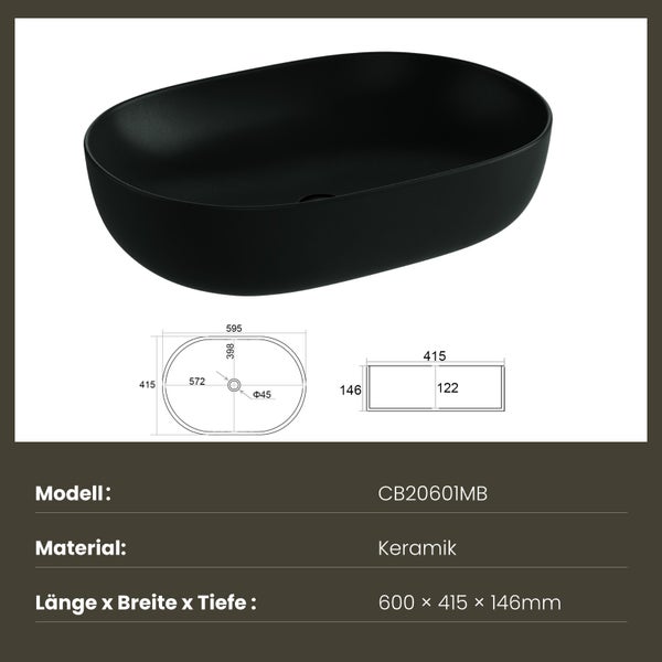 EMKE Aufsatzwaschbecken, Ovales Waschbecken 600 x 415 mm, Mattschwarz, Keramik, Höhe 146 mm, Ohne Hahnloch, Pflegeleicht, Antibakteriell & Feuchtigkeitsbeständig, Für Bad & WC