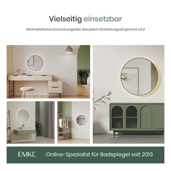 EMKE Badezimmerspiegel mit Beleuchtung Ø 60 cm, 4300K Neutralweiß, mit Touchschalter, LED-Uhr- und Temperaturanzeige,  Anti-Beschlag, elegantem grünem Rahmen, Wandspiegel für das Badezimmer