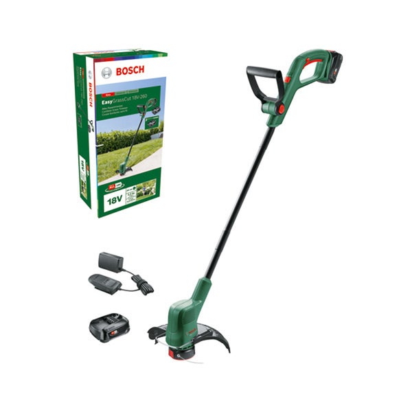 Bosch Akku Rasentrimmer EasyGrassCut 18V 260 mit Akku und Ladegerät in der Verpackung