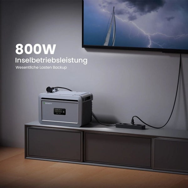 Tragbare Growatt Powerstation auf einem Sideboard, verbunden mit einer Steckdosenleiste zur Stromversorgung eines Fernsehers. 800 Watt Leistung.