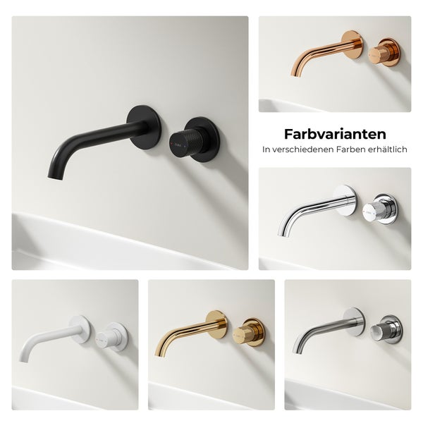 EMKE Wandarmatur für Waschbecken in verschiedenen Farben wie Schwarz, Gold und Chrom, bestehend aus Auslauf und strukturiertem Bedienhebel.